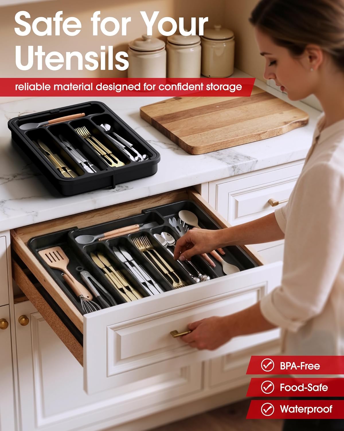 Aujen Silverware Organizer - Expandable Utensil Tray for Forks & Knives | Adjustable Kitchen Storage, Black, Medium