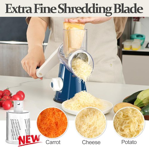 Cambom Rotary Cheese Grater - Hand Crank Shredder for Fresh Cheese & Vegetables | Deep Blue, Five Blades