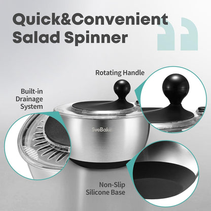 Regine Stainless Steel Salad Spinner - 5.3Qt BPA-Free Lettuce Washer with Transparent Lid & Non-Slip Base