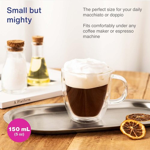 GoodGlassware Double Walled Espresso Mugs (Set of 2) 5.4 oz - Insulated Thermo Cups with Handle for Tea or Coffee Machine - Crystal Clear, Lead-Free, Dishwasher Safe Glasses