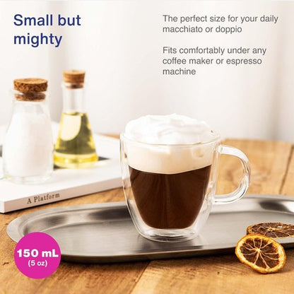 GoodGlassware Double Walled Espresso Mugs (Set of 2) 5.4 oz - Insulated Thermo Cups with Handle for Tea or Coffee Machine - Crystal Clear, Lead-Free, Dishwasher Safe Glasses