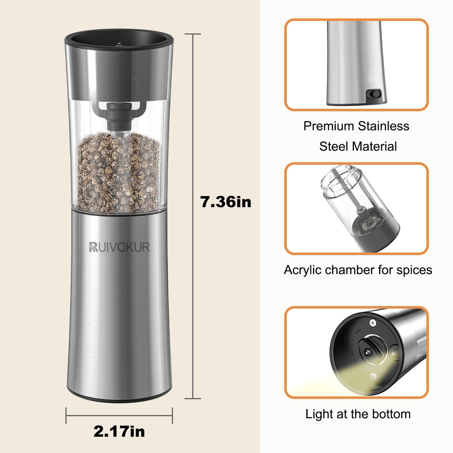RUIVOKUR Automatic Salt and Pepper Grinder Set, Electric Salt and Pepper Grinder Set Rechargeable with Charging Base, 2 Pack USB Electric Pepper Grinder with Adjustable Coarseness for Kitchen
