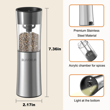 RUIVOKUR Automatic Salt and Pepper Grinder Set, Electric Salt and Pepper Grinder Set Rechargeable with Charging Base, 2 Pack USB Electric Pepper Grinder with Adjustable Coarseness for Kitchen