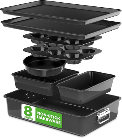 NutriChef 8-Piece Nonstick Bakeware Set - Premium Steel Baking Pans for Cakes, Muffins, Brownies & More - Black