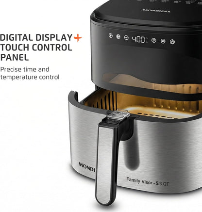 Mondial Air Fryer - Digital 5.3QT Capacity with High Power & Elegant Stainless Steel Finish - Black/Inox