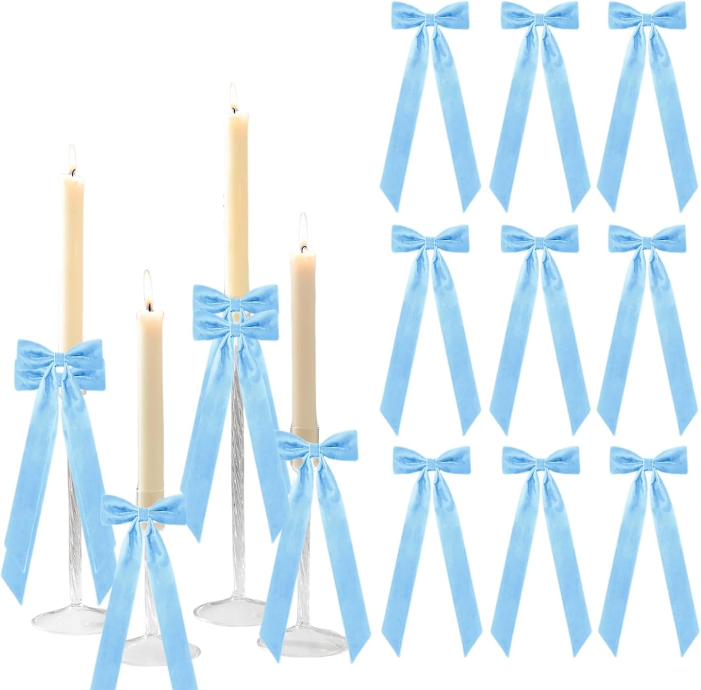 Meseey Baby Blue Candlestick Holders - 12 Pcs Decorative Velvet Bows for Bridal Showers & Birthdays | 5x13.5 Inch