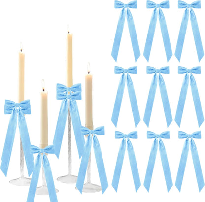 Meseey Baby Blue Candlestick Holders - 12 Pcs Decorative Velvet Bows for Bridal Showers & Birthdays | 5x13.5 Inch
