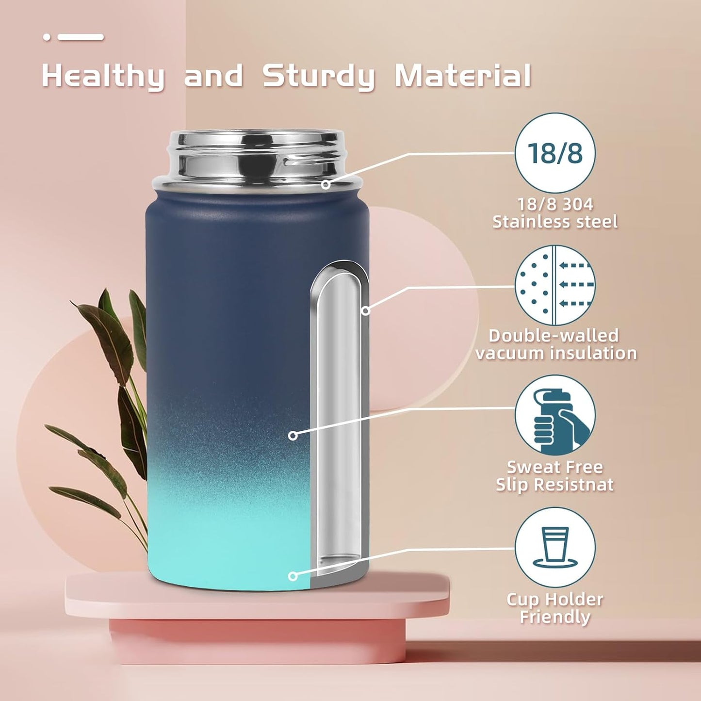Volhoply 14oz Kids Stainless Steel Insulated Water Bottle - Leakproof Straw Lid, BPA-Free | Blue Green