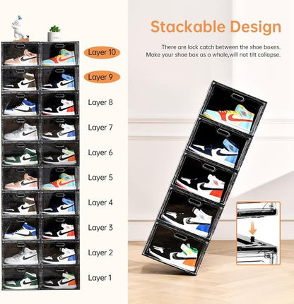 Amllas Shoe Storage Organizer - Stackable 8-Pack with Lids | Fits Up to US Size 13 Sneakers (13”x 10.6”x 8.3”)