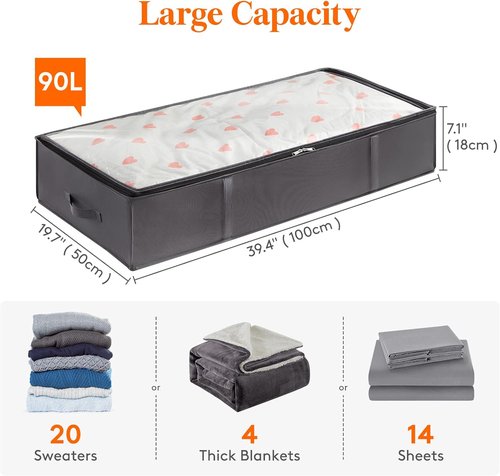 Lifewit 95L Under Bed Storage Containers - Large Capacity Blanket Bags with Reinforced Handles | Grey