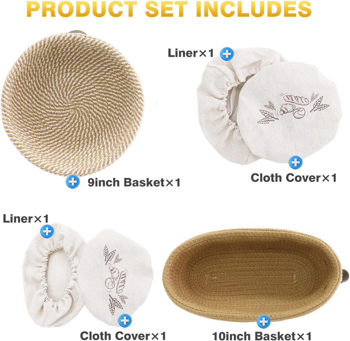 Nikkar Banneton Bread Proofing Basket Set - Round & Oval Cotton Rope Bowls, 9-11 Inches for Sourdough Baking