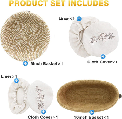 Nikkar Banneton Bread Proofing Basket Set - Round & Oval Cotton Rope Bowls, 9-11 Inches for Sourdough Baking