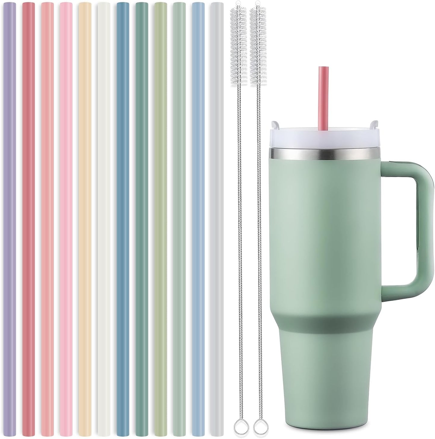 Skiennix 12-Pack Silicone Reusable Straws - Perfect Fit for Stanley 40 oz & 30 oz Tumblers | 12.2 Inch Long with 2 Cleaning Brushes