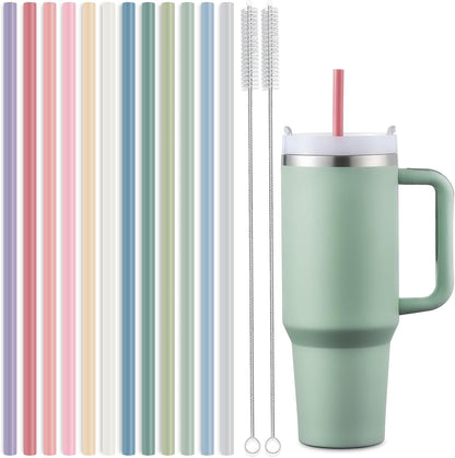 Skiennix 12-Pack Silicone Reusable Straws - Perfect Fit for Stanley 40 oz & 30 oz Tumblers | 12.2 Inch Long with 2 Cleaning Brushes