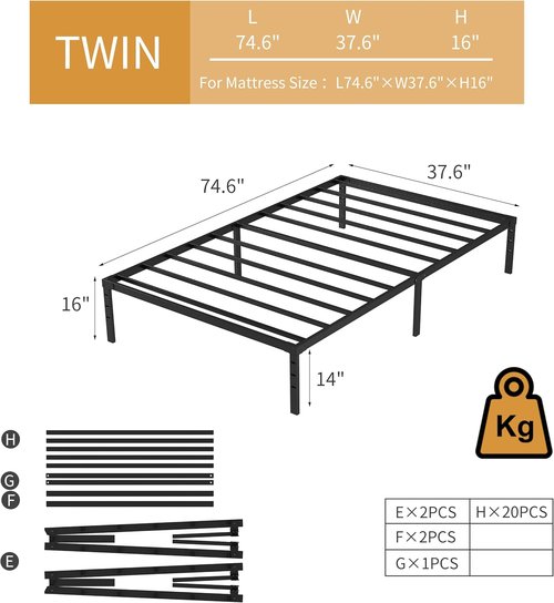 Jetoo Metal Bed Frame - Twin Size with Storage Space | Heavy Duty Sturdy Foundation, Black, 16 Inch