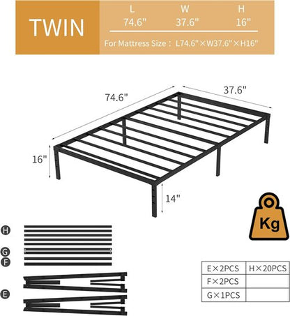 Jetoo Metal Bed Frame - Twin Size with Storage Space | Heavy Duty Sturdy Foundation, Black, 16 Inch
