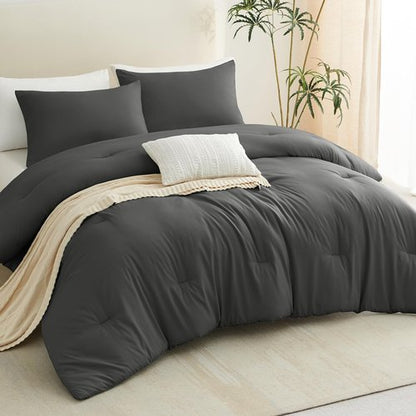 CozyLux Queen Comforter Set Dark Grey, 3 Pieces Solid Comforters Queen Size Breathable Quilted Bedding Sets, Dark Gray Luxury Soft Lightweight Bed Set with Down Alternative Comforter and 2 Pillowcases