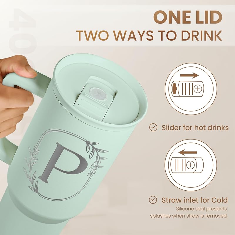 Personalized Monogram Tumbler with Handle - 40oz (Letter P) Insulated Travel Cup