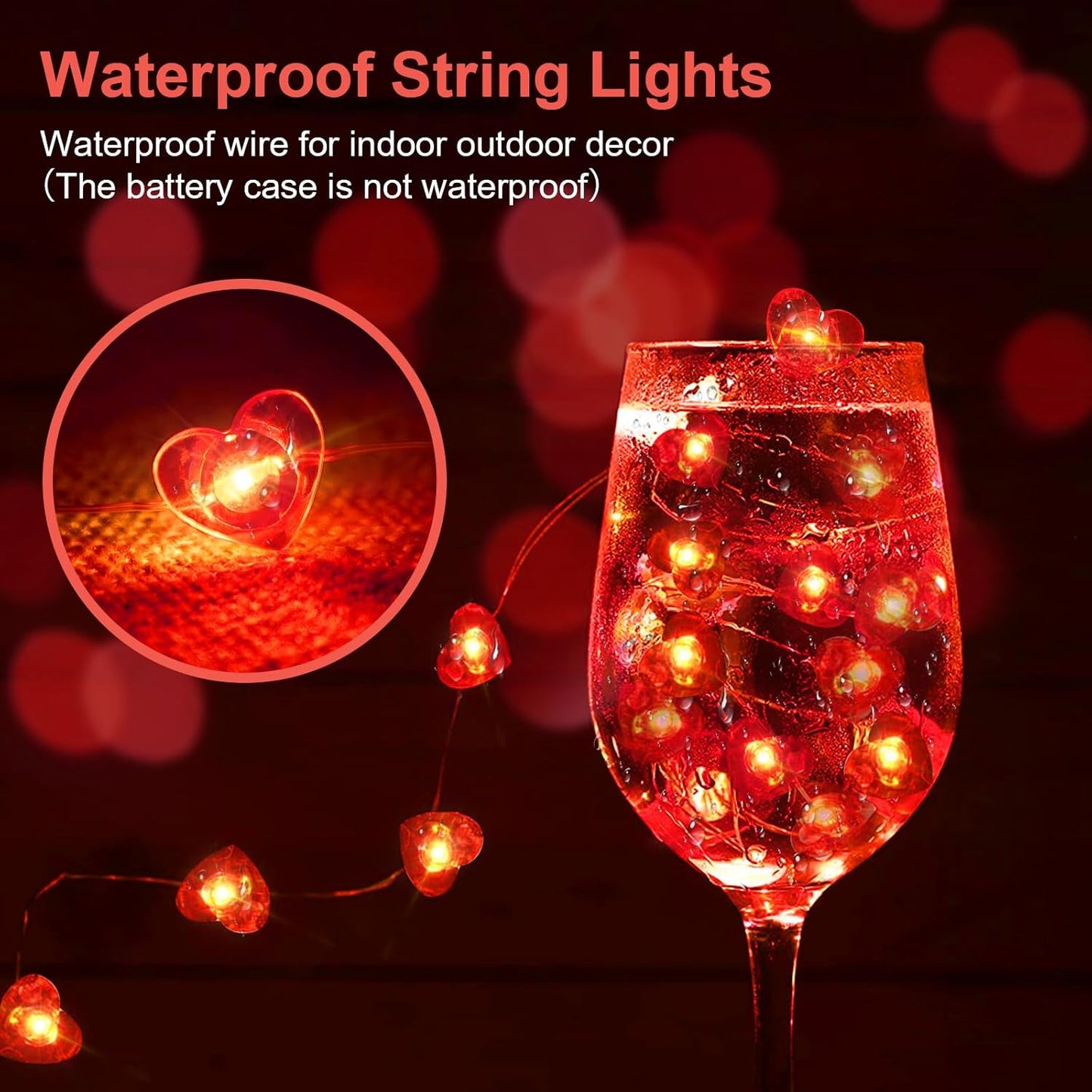 Valentine's Day Red Heart Fairy Lights - 7Ft 20 LED Twinkle String Lights | Battery Operated & Waterproof