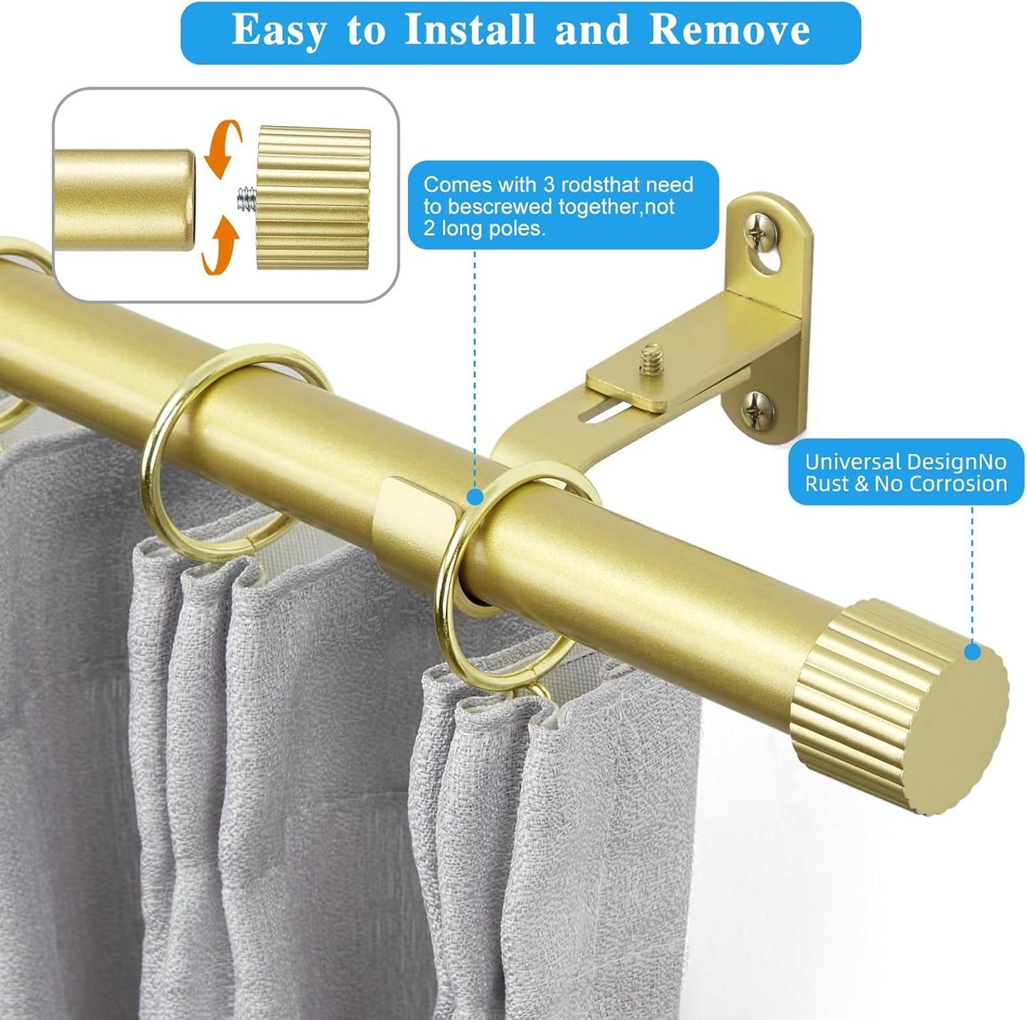 Regine Switzerland Curtain Rods - 1 Inch Diameter Drapery Rod with Gold Cylindrical Finials | Adjustable 16" to 48"