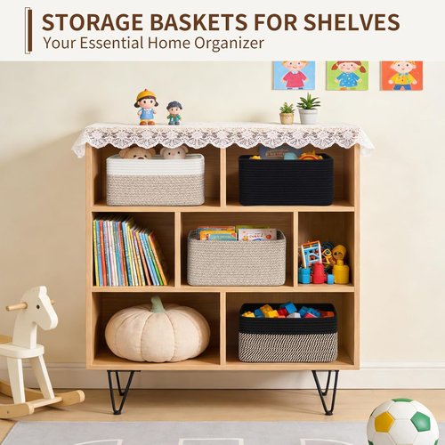 Goodpick Storage Baskets - 4 Pack Rectangle Woven Bins for Organizing Baby Toys | 13''L x 8''W x 6''H, Brown & White