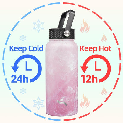 Skiennix 32 Oz Insulated Water Bottle - Stainless Steel Sport Bottle with 3 Lids | Marble Blossom