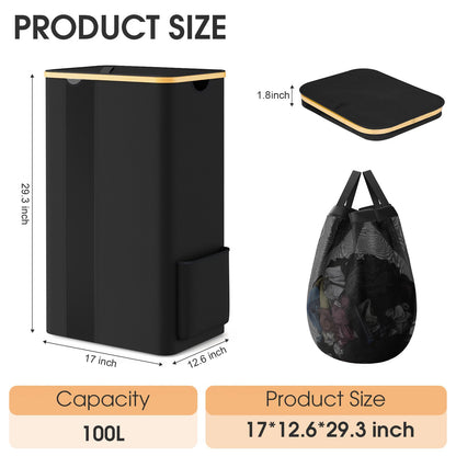 SpaceTrove Laundry Basket Clothes Hamper with Lid and Removable Bag Large Collapsible Laundry Baskets with Handle, Freestanding Hampers for Bedroom Aesthetic, Dorm, Bathroom, Laundry Room 100L (Black)