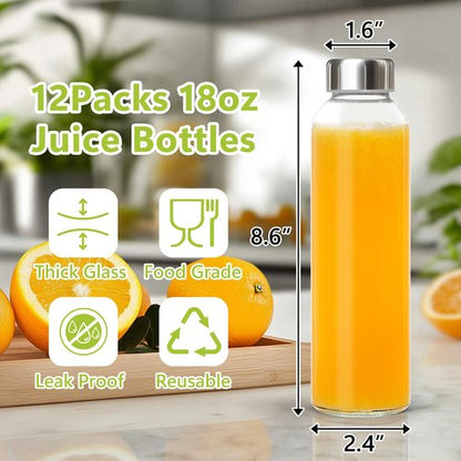 KEYWING 12Packs Glass Juice Bottles with Lids, 18oz Clear Juicing Bottle with Reusable Glass, Leak Proof Water Bottles with Airtight Stainless Steel Cap for Juice, Coffee, Beverage, Smoothies, Tea