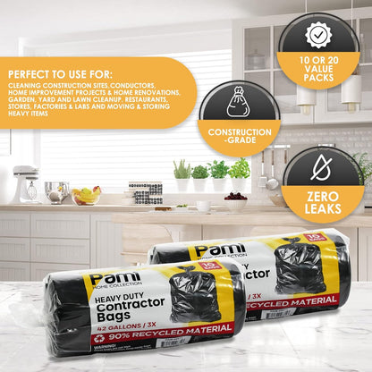PAMI Heavy Duty 42 Gallon Contractor Garbage Bags - Tear-Resistant Yard Waste Cleanup (10 Count, Black)