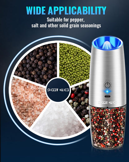 Rechargeable Electric Pepper and Salt Grinder Set, No Battery Needed, whit Gravity Sensing Switch and LED Light, One Hand Automatic Operation, Sliver 2 Pack