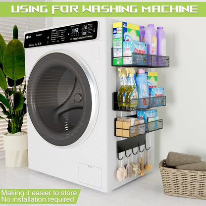 Skiennix Magnetic Shelves - Heavy-Duty Laundry Organizer with Hooks | 4 Pack, Black Storage Solution