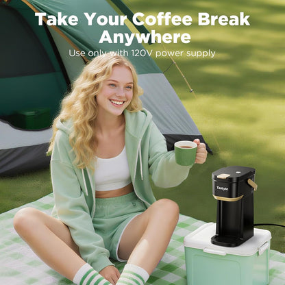 Skiennix Single Serve Coffee Maker - Portable Mini Brewer for K Cups & Grounds | 6-12 Oz, Black & Gold