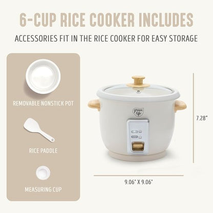 GreenLife Rice Cooker - PFAS-Free Ceramic Nonstick Pot, 3-Cup Uncooked/6-Cup Cooked, Easy Clean, Cream