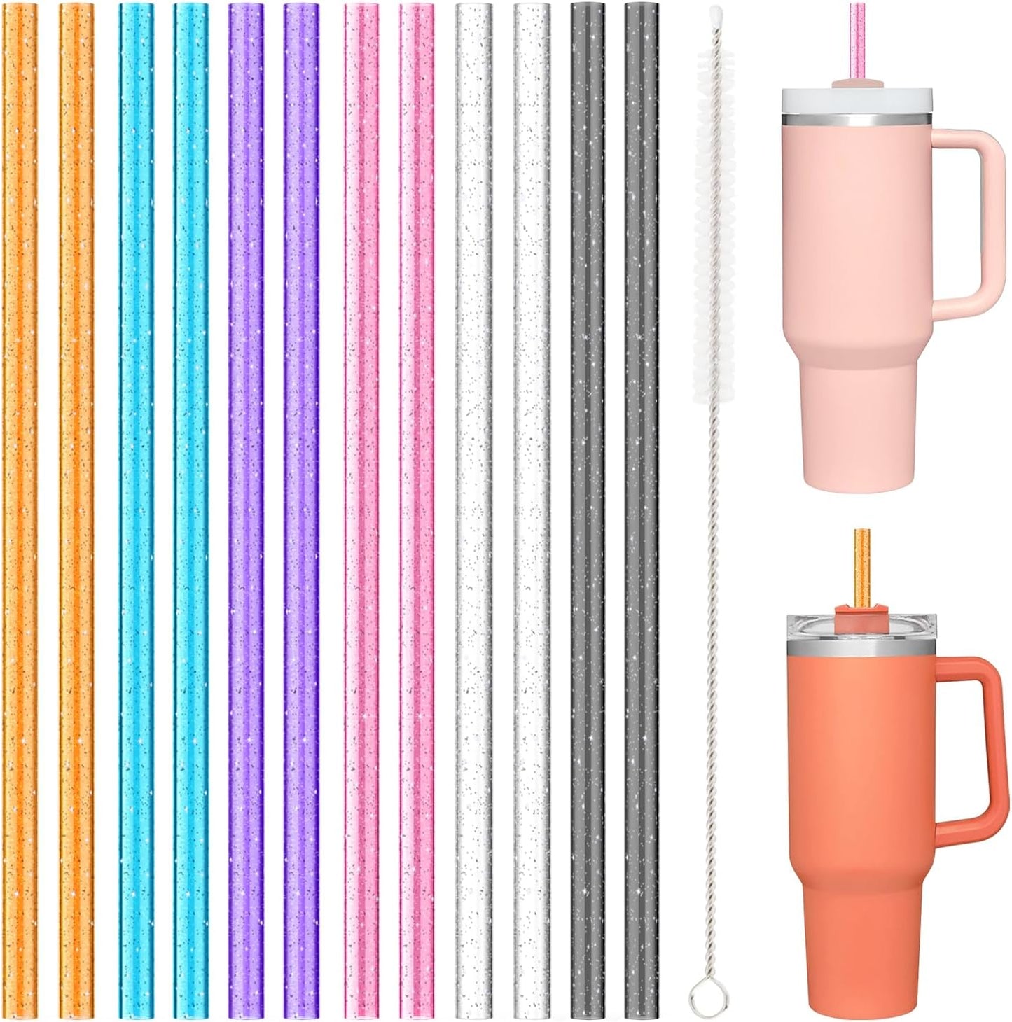 Stanley Replacement Straws - 12 PCS Reusable Colorful Drinking Straws with Cleaning Brush | BPA Free, Dishwasher Safe