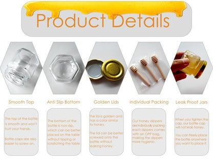 Ahhute Honey Pot, Mini Honey Jars with Dipper, Glass Honey Jars Baby Shower Favors, Party Favors & Wedding Favors, Lid, Bee Pendants, Gold Fabric Ribbons and Gold Organza Bags, 40 Pack 1.5oz