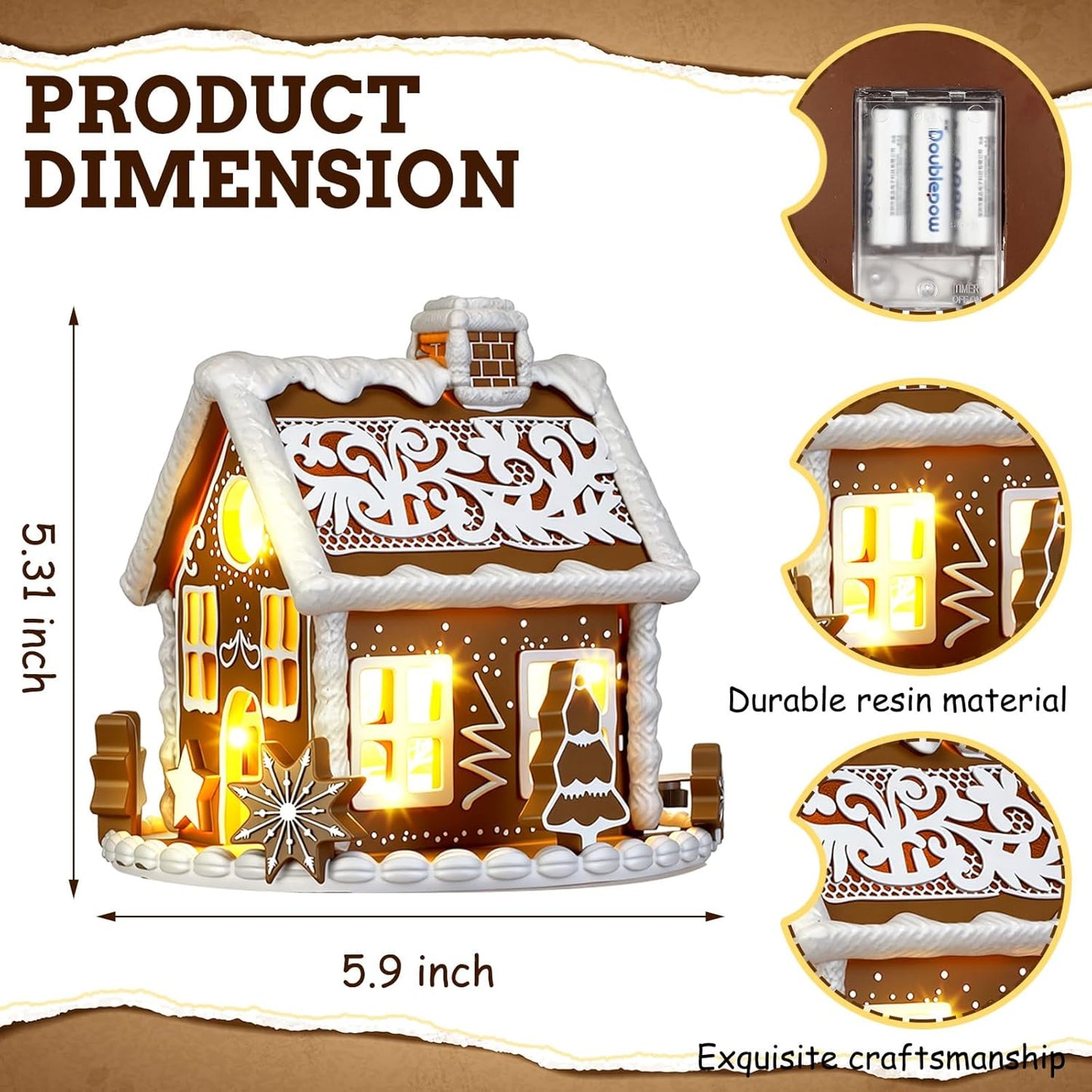 Wesiti Gingerbread House Decor - Lighted Christmas Decoration with LED Lights | 6-Inch Resin Candy House Figurine