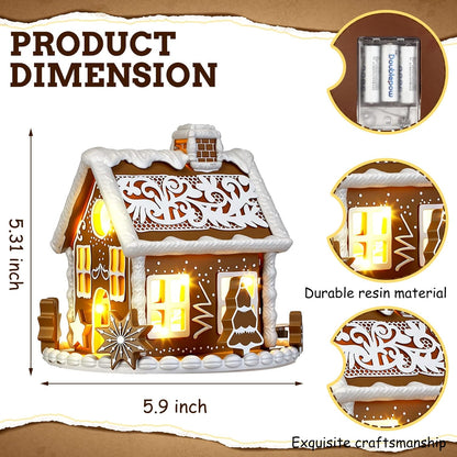 Wesiti Gingerbread House Decor - Lighted Christmas Decoration with LED Lights | 6-Inch Resin Candy House Figurine