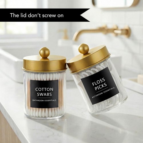 Amolliar Q-Tips Dispenser Holder - Elegant Glass Apothecary Jars with Gold Lid | 4-Pack Bathroom Organizer