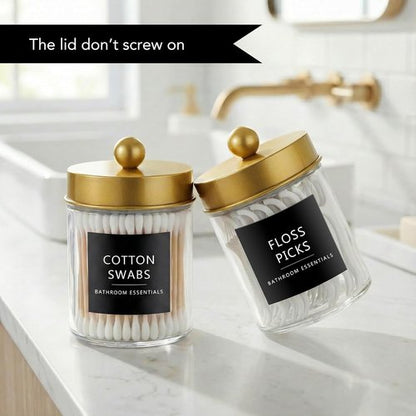Amolliar Q-Tips Dispenser Holder - Elegant Glass Apothecary Jars with Gold Lid | 4-Pack Bathroom Organizer