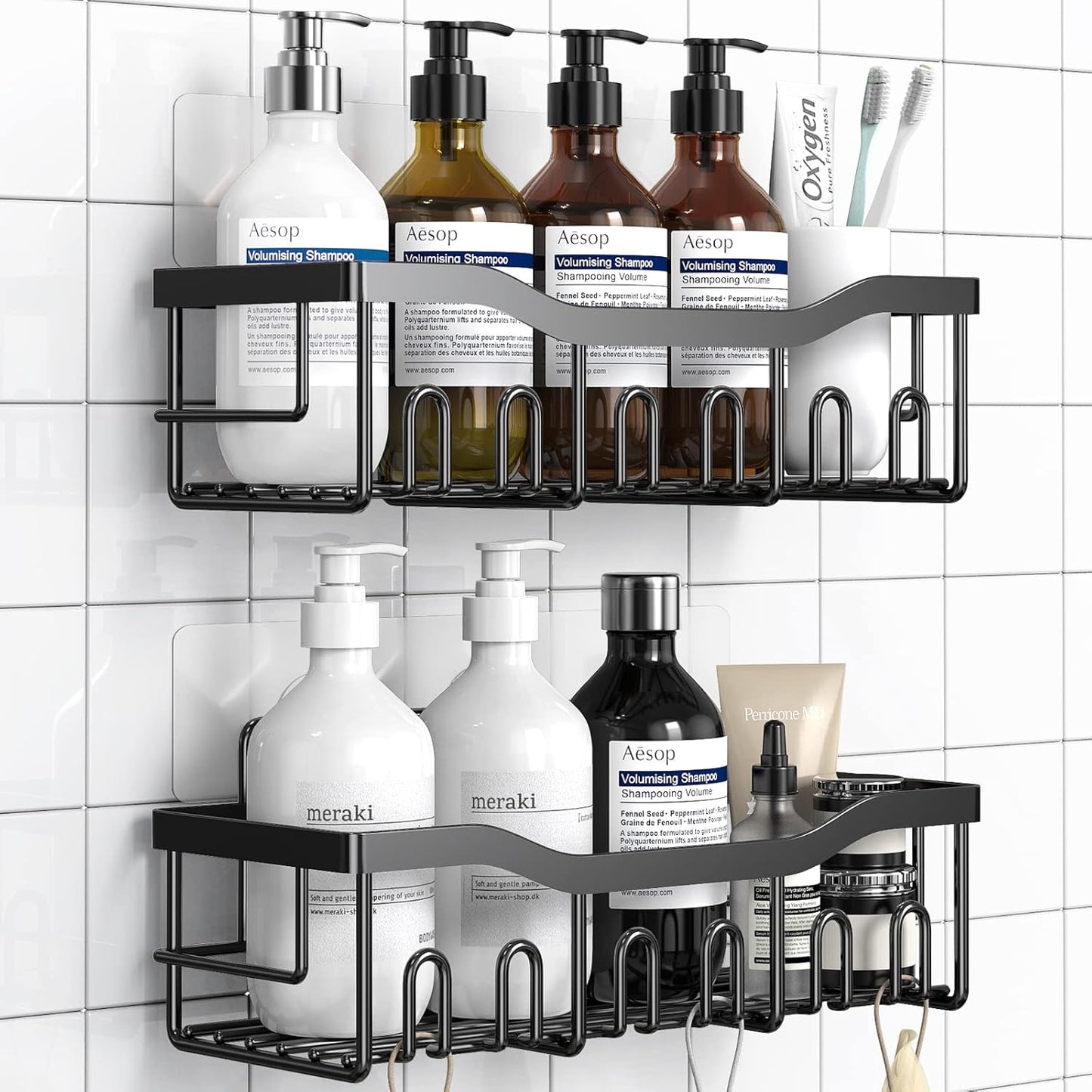 Skiennix Shower Caddy - Adhesive Bathroom Organizer with Large Capacity | Rustproof Stainless Steel, 2 Pack