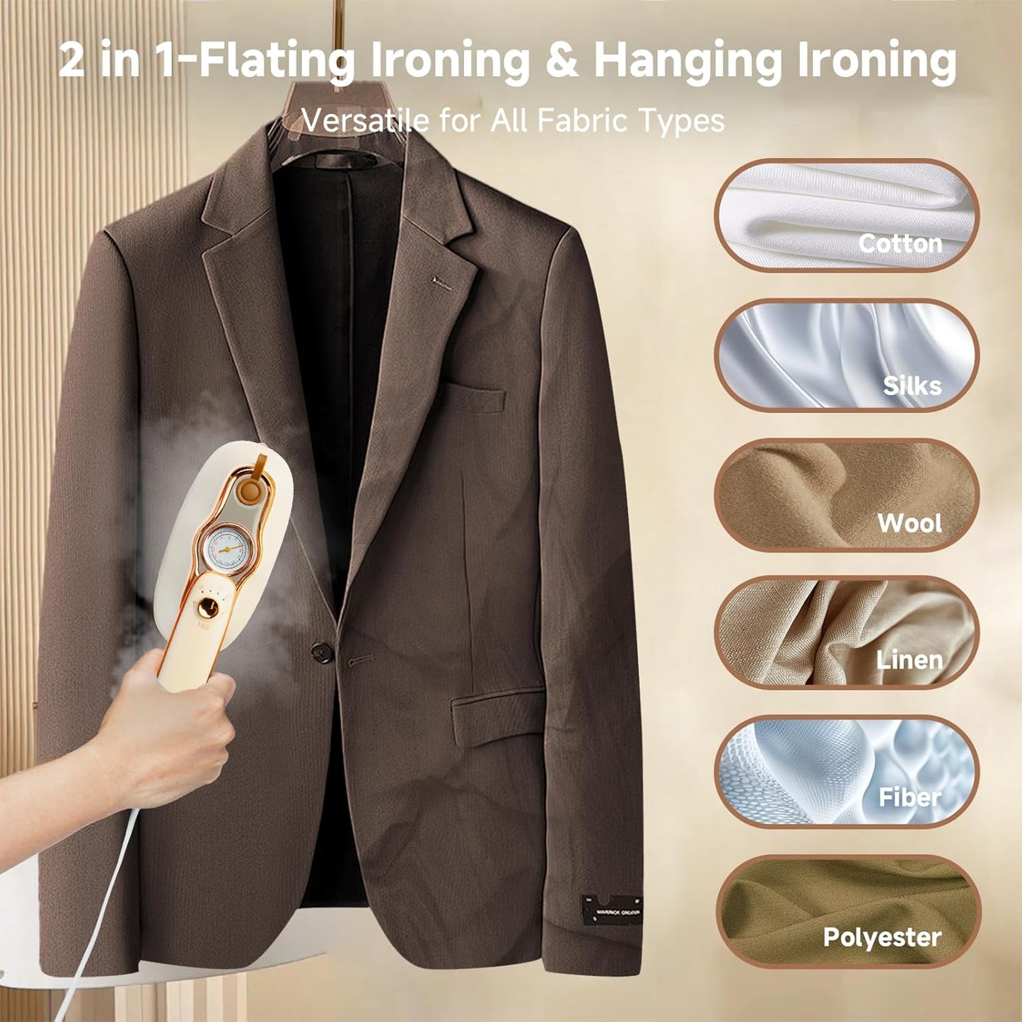 Skiennix Portable Handheld Clothes Steamer - 1200W Quick Heat-Up, 200ml Tank, 3 Modes, Beige