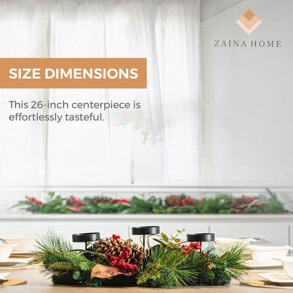 Country Harvest - Handcrafted Christmas Centerpiece | Elegant Eucalyptus Leaves & 3 Candle Holders