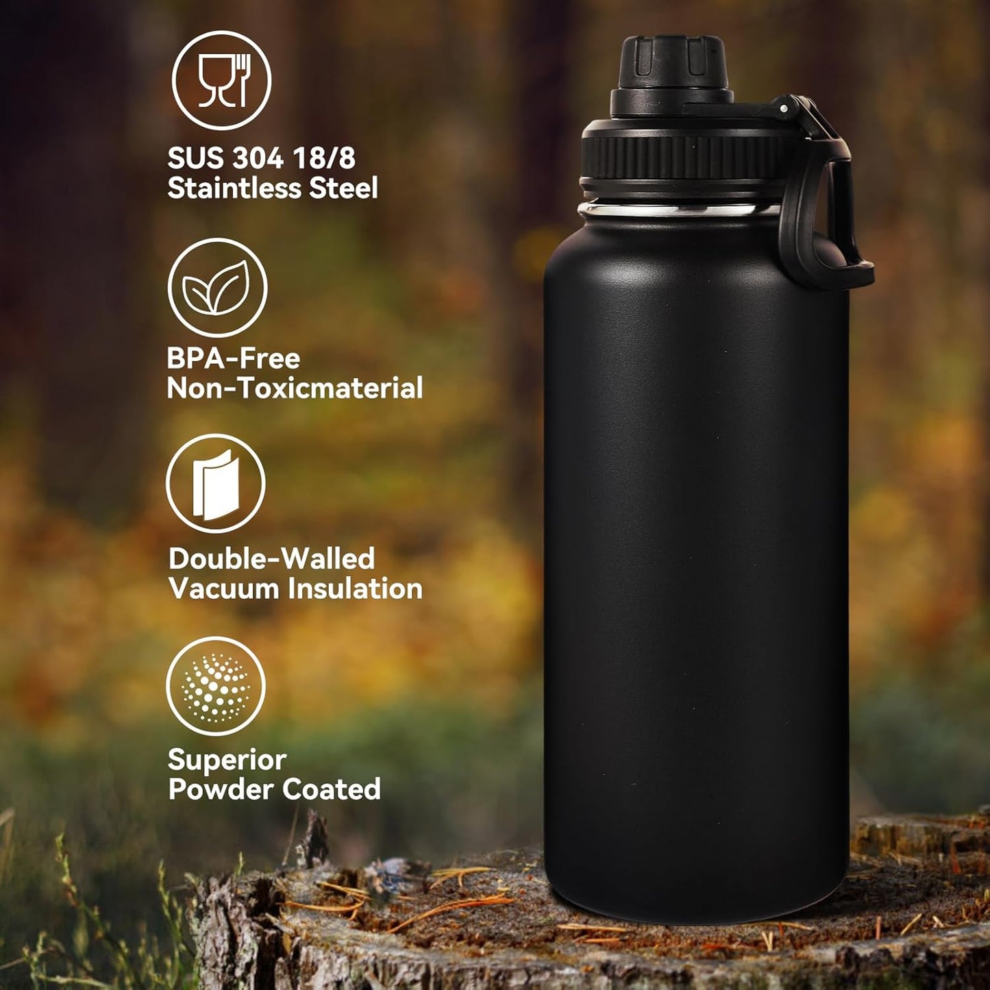 Neihepal Insulated Water Bottle - 32 oz Double Wall Stainless Steel with Straw & Spout Lids | Black