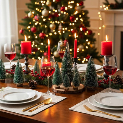 18 Pcs Bottle Brush Christmas Trees & 6 Natural Wood Slices Set, 3 Sizes