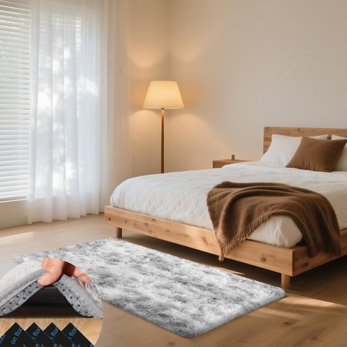 Mhyup 3x5 Tie-Dyed Grey Rugs for Bedroom Living Room, Fluffy Small Area Rug Soft Shag Carpet for Kids Boys and Girls Room with 4 Rugs Non-Slip Stickers Dorm Home Decor (3ft x 5ft)