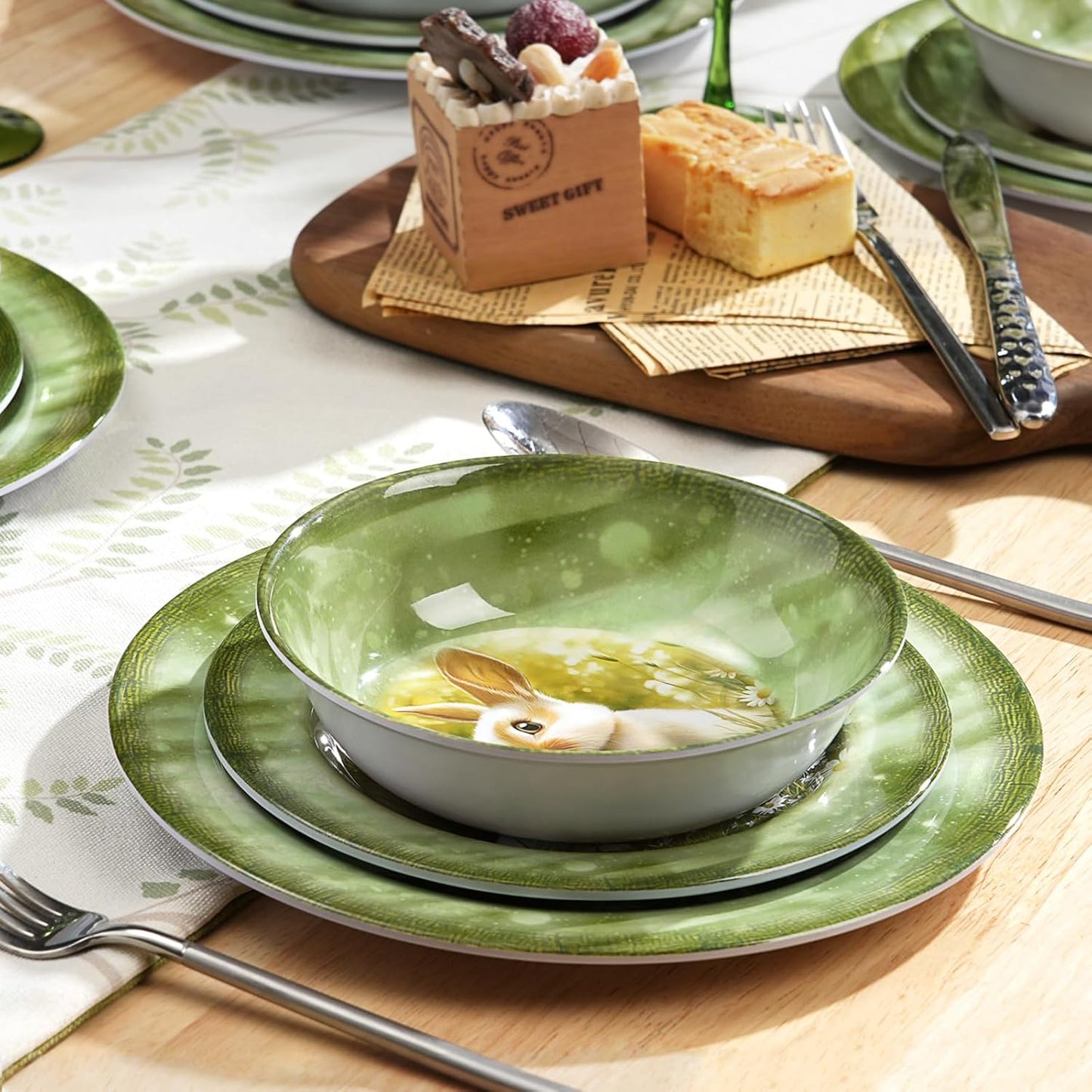 Skiennix 12-Piece Melamine Dinnerware Set - Lightweight Shatterproof Plates & Bowls for 4 | Green Bunny Design, Ideal for Outdoor Use