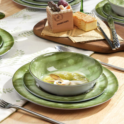Skiennix 12-Piece Melamine Dinnerware Set - Lightweight Shatterproof Plates & Bowls for 4 | Green Bunny Design, Ideal for Outdoor Use