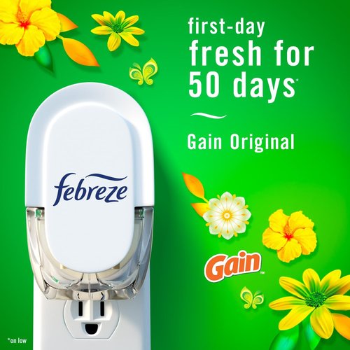 Febreze Plug-In Air Freshener Starter Kit - Odor-Fighting Gain Original Scent | Long-Lasting Warmer + 4 Refills