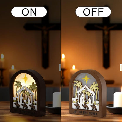 Wooden Nativity Scene - LED Christmas Decor with Acrylic Back Panel | Battery-Powered Tabletop Ornament