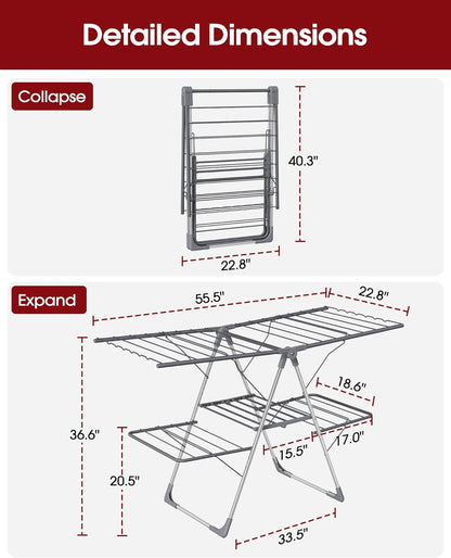 Sakugi Clothes Drying Rack - Foldable 2-Level Design with Height-Adjustable Wings | Space-Saving Indoor & Outdoor Use, Gray 55.5" L × 22.8" W